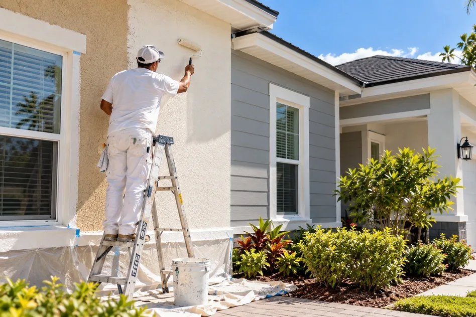 Painter applying exterior paint to a stucco section beside Hardie board siding on an Apopka home.