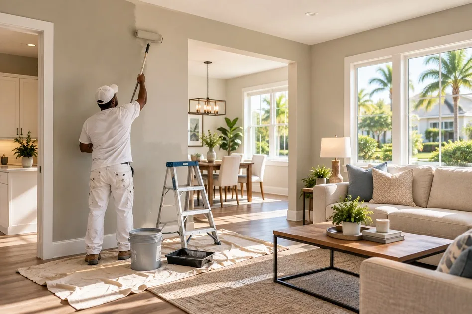 Painter applying a neutral interior paint color in a bright Orlando home prepared for sale.