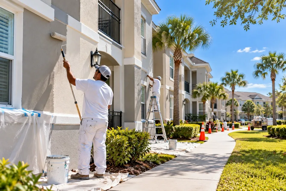 Painters repainting an Orlando HOA community while keeping sidewalks and resident access clear.